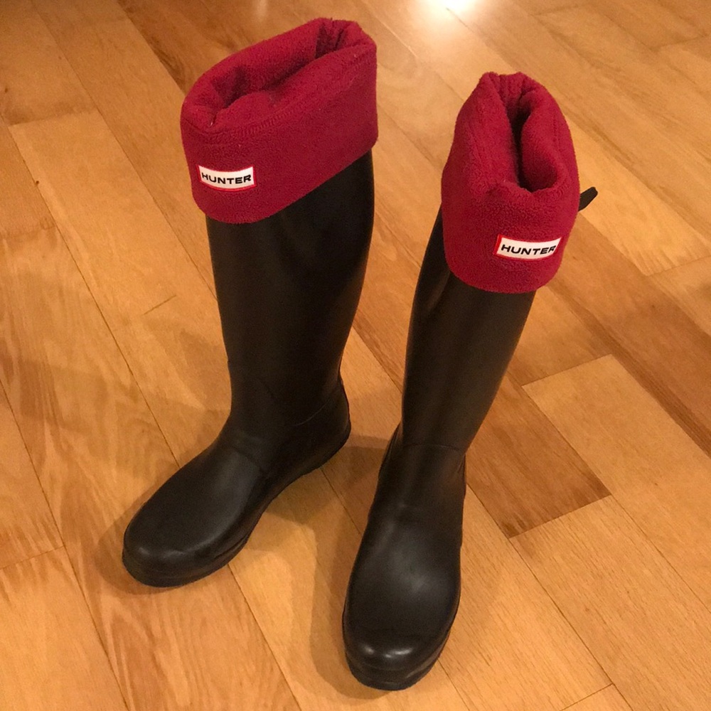 Hunter Black Tall Rain Boots with Red Fleece Cuffs